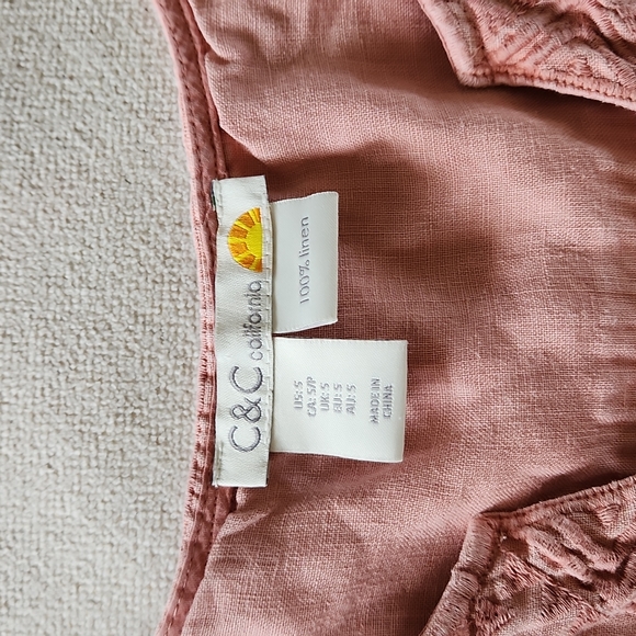 C&C Embroidered Peach Pink Linen Dress Size Small - Picture 2 of 7